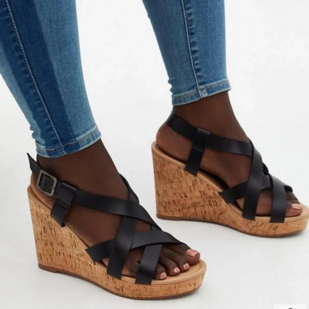 Women's Black Cork Wedge Sandals - Strappy Platform Heels